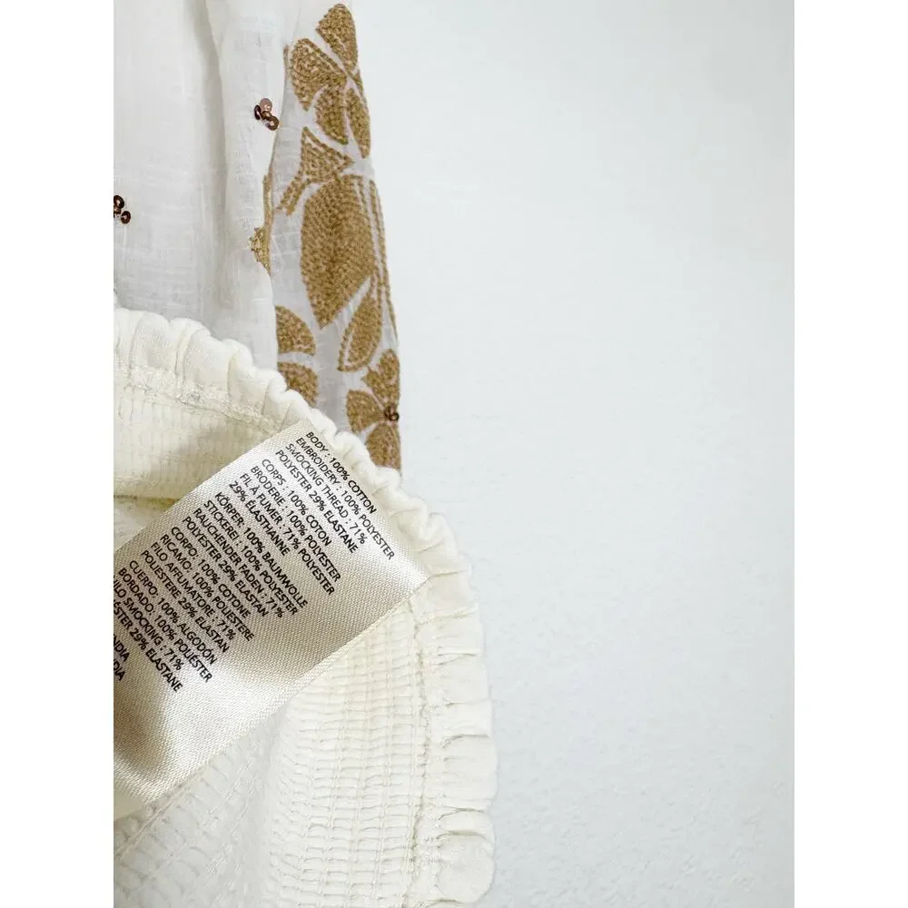 NWT Anthropologie Smocked Embroidered Top Size Small Cream Sequin Boho Chic
